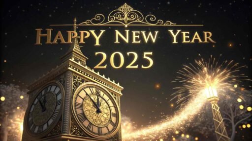 A clock-themed happy new year 2025 free image with luxurious golden text.