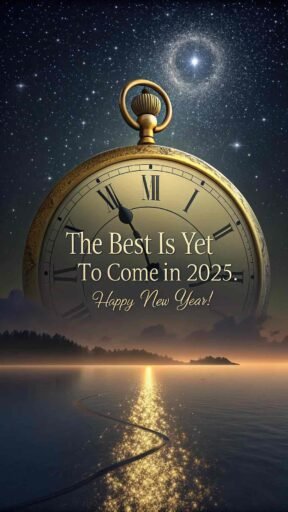 A happy new year 2025 wish image with quote, highlighting a golden clock and a hopeful message for the future.