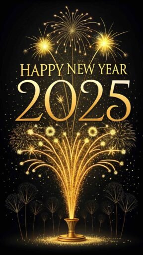 This elegant "happy new year 2025 image for download" features bold golden text and a sparkling firework display.