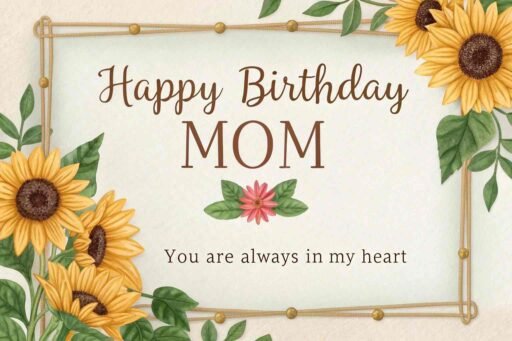A luxurious and classy happy birthday mom image with sunflowers, featuring a golden frame that adds an elegant touch to a heartfelt message.