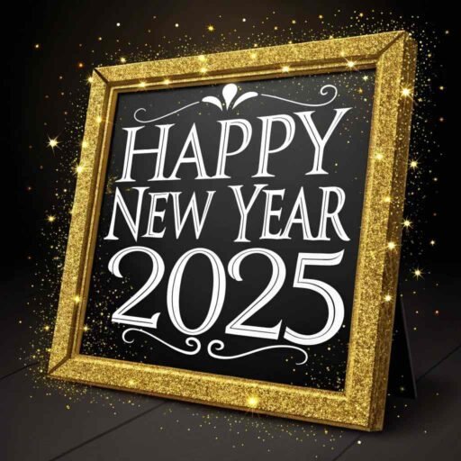 A "happy new year 2025 pic" featuring a glittering gold frame with bold glowing text.