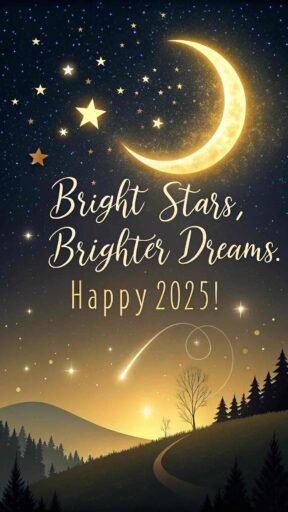 A happy new year 2025 wish image with quote showcasing golden stars and an uplifting message.