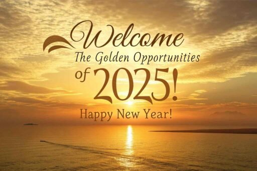 A happy new year 2025 wish image with quote depicting a peaceful ocean view and an inspiring message.