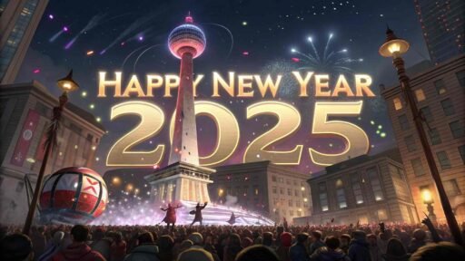 A vibrant "happy new years eve 2025 image" showcasing a ball drop with large "HAPPY NEW YEAR 2025" text glowing in the background.