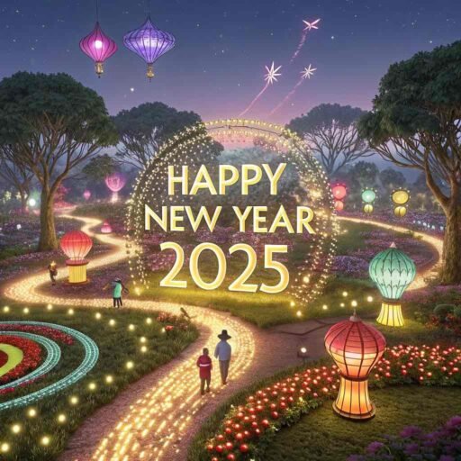 A glowing "happy new years eve 2025 image" featuring a festival of lights and big "HAPPY NEW YEAR 2025" text shining brightly.