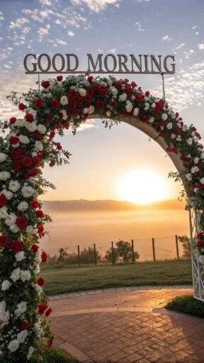 A magical good morning image for love, showing a floral arch made of red and white roses against a glowing sunrise.