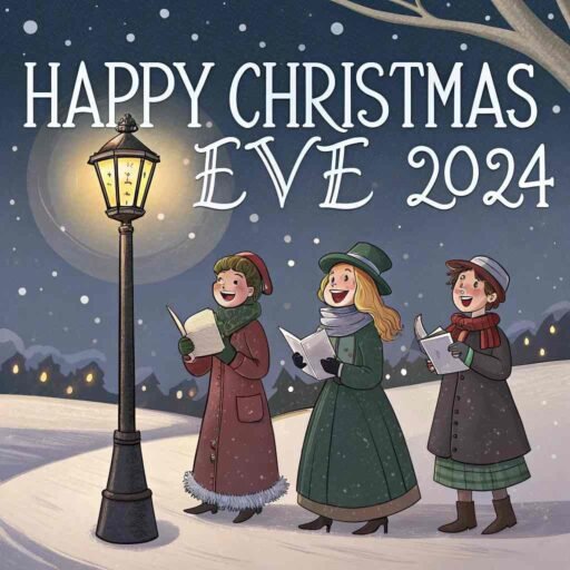 Victorian carolers with glowing elegant "Happy Christmas Eve 2024" text in the snowy sky.