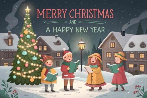 A heartwarming image of Merry Christmas and a Happy New Year with carolers singing in a snowy village.