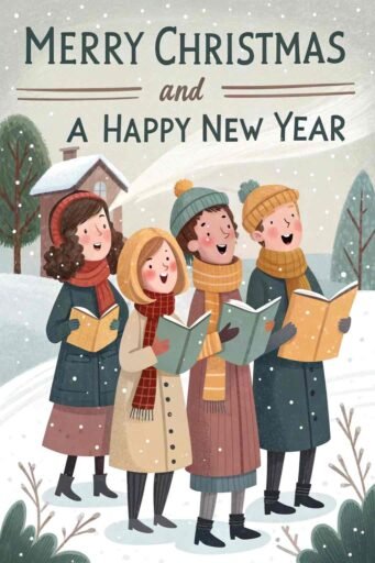 A cheerful merry christmas and a happy new year image of carolers in the snow with the message "Merry Christmas and A Happy New Year" clearly visible.