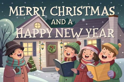 A joyful merry christmas and a happy new year image of Christmas carolers with "Merry Christmas and A Happy New Year" prominently displayed.