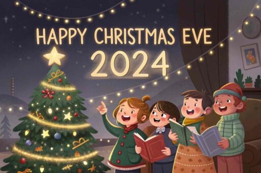 A carol-singing choir under glowing white and gold "Happy Christmas Eve 2024" text.