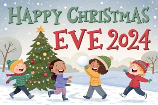 Kids enjoying a snowball fight with glowing red and green "Happy Christmas Eve 2024" text in the sky.