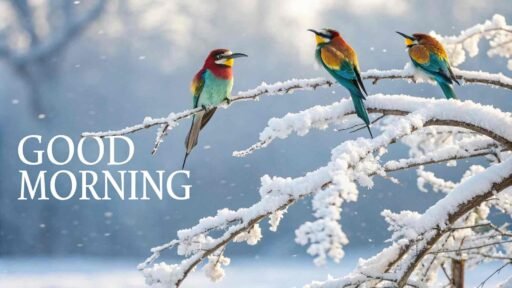 A heartwarming good morning winter image of birds enjoying a frosty morning.