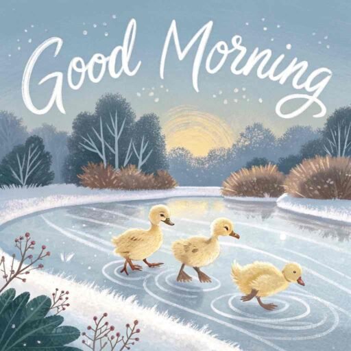 A cute good morning winter image showcasing playful ducklings in a frosty scene.