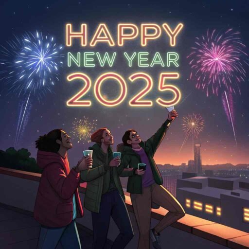 Picture of happy new year 2025 with a rooftop celebration and bold neon text.