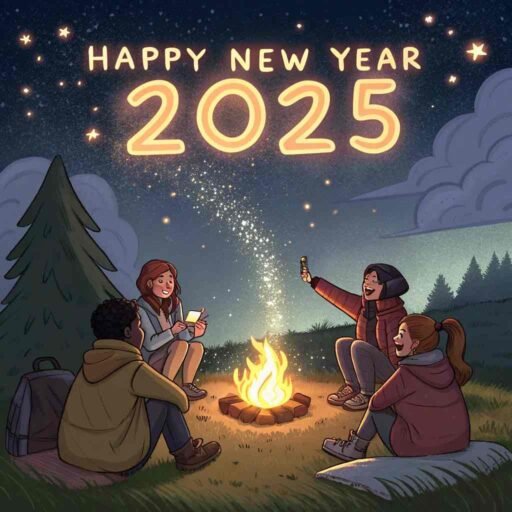 A cozy "happy new years eve 2025 image" featuring a bonfire with bold "HAPPY NEW YEAR 2025" text lighting up the scene.