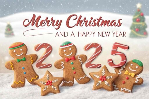 A cheerful "merry christmas and happy new year 2025 image" with gingerbread men and bold festive text.