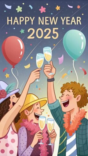 A cheerful, funny image depicting a toast scene with "happy new year funny pic" as the theme.