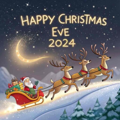 Flying reindeer with glowing golden "Happy Christmas Eve 2024" text in the night sky.