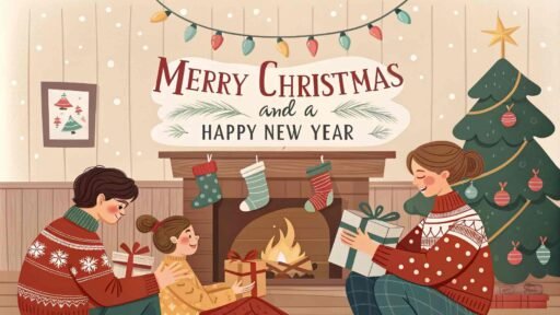 A joyful merry christmas and a happy new year image capturing family moments with a clear "Merry Christmas and A Happy New Year" sign