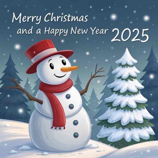 A cheerful "merry christmas and happy new year 2025 image" with a snowman and glowing bold text.