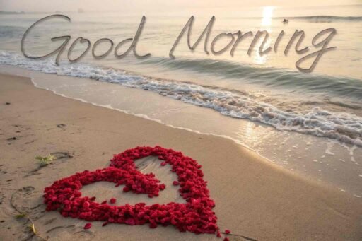 A creative good morning image for love, featuring red rose petals arranged in a heart on a sandy beach with waves gently approaching.
