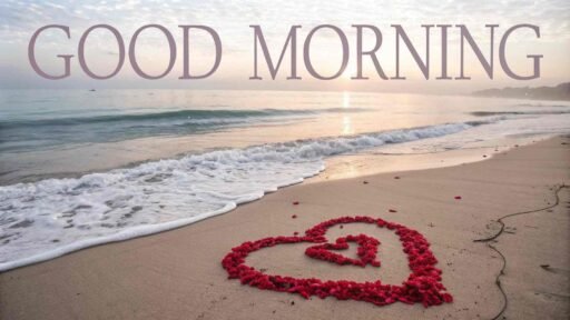 A creative good morning image for love, featuring red rose petals arranged in a heart on a sandy beach with waves gently approaching.