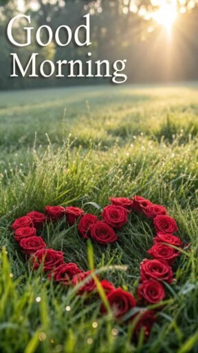 A creative good morning image for love, featuring a heart-shaped arrangement of red roses on fresh, dewy grass at sunrise.