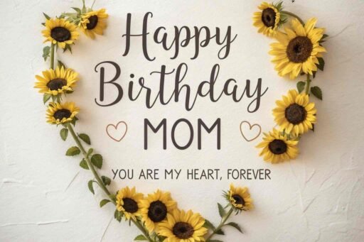 A heartfelt image filled with sunflowers arranged in a heart shape, making it a perfect happy birthday mom image with sunflowers for expressing love and gratitude.