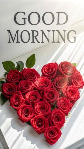 A beautiful good morning image for love, featuring a heart made of red roses on a white surface, illuminated by gentle morning light.