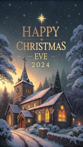 A snow-dusted church under glowing golden "Happy Christmas Eve 2024" text.