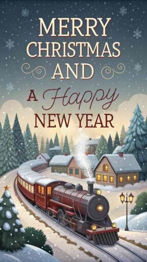 A delightful image of Merry Christmas and a Happy New Year with a festive train decorated with lights and holiday cheer.