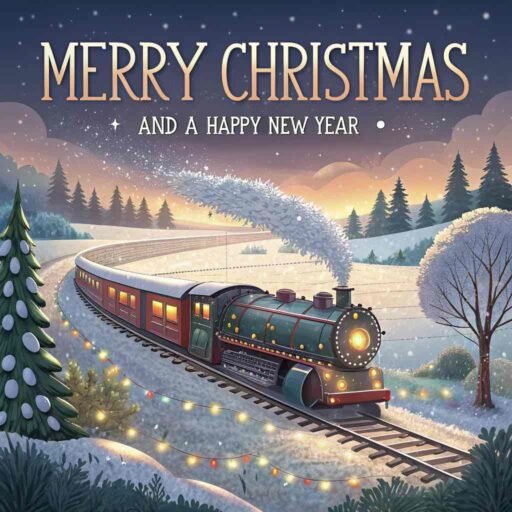 A joyful image of Merry Christmas and a Happy New Year featuring a brightly lit holiday train traveling through snow-covered hills.
