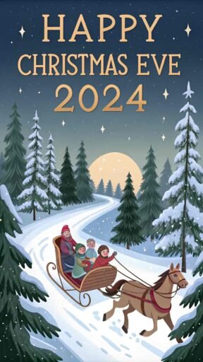 A snowy sleigh ride under glowing golden "Happy Christmas Eve 2024" text.