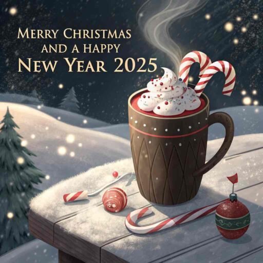 A cozy "merry christmas and happy new year 2025 image" with a festive mug and glowing bold text.