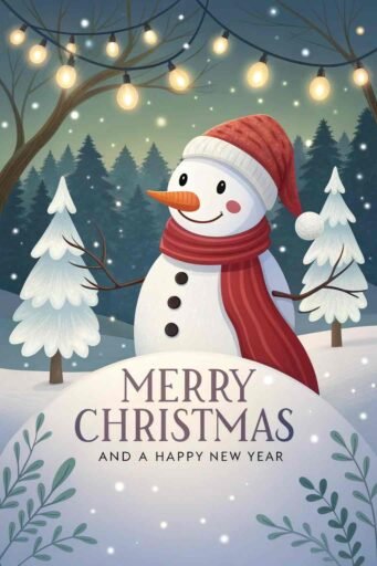 A picture of merry christmas and happy new year featuring a cheerful snowman. The phrase "Merry Christmas and A Happy New Year" is clearly visible.