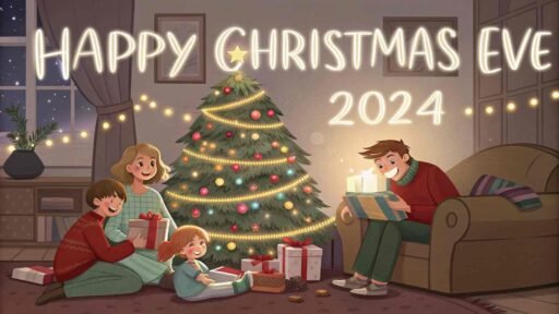 A glowing "Happy Christmas Eve 2024" above a family opening gifts by the Christmas tree.