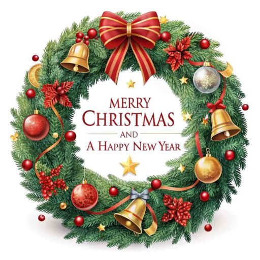 A decorative image of Merry Christmas and a Happy New Year with a festive wreath adorned with ribbons, bells, and ornaments.
