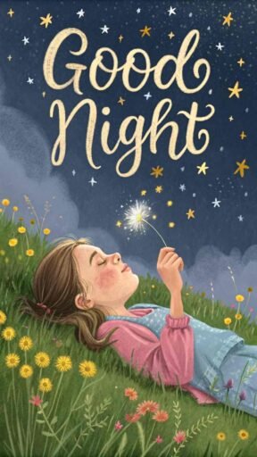 A good night cute image of a dreamy girl making wishes under the serene night sky.