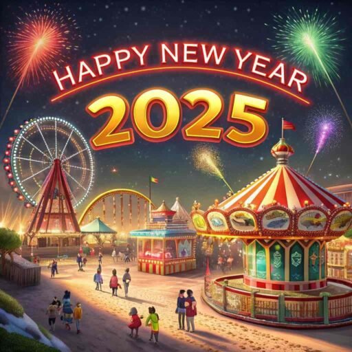 Picture of happy new year 2025 with a carnival night theme and glowing bold text.