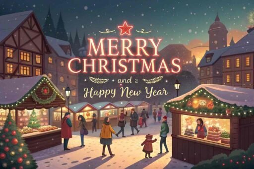 A vibrant image of Merry Christmas and a Happy New Year showcasing a bustling holiday market filled with lights and decorations.