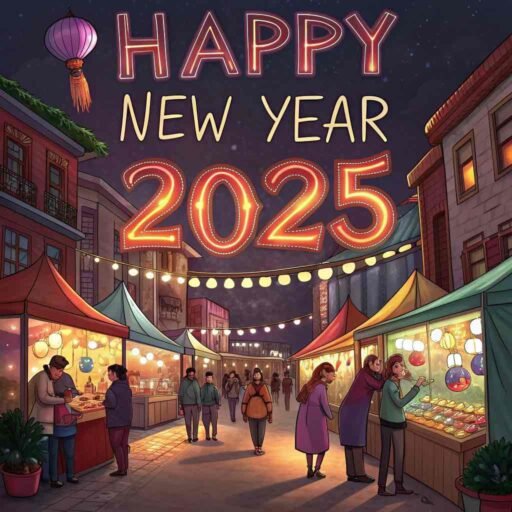 A vibrant "happy new years eve 2025 image" showcasing a festive street market and bold "HAPPY NEW YEAR 2025" text.