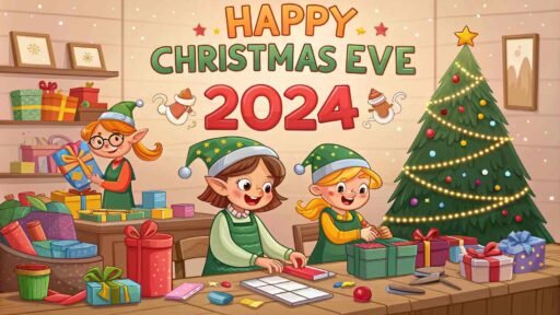 anta's workshop with glowing colorful "Happy Christmas Eve 2024" text on the wall.