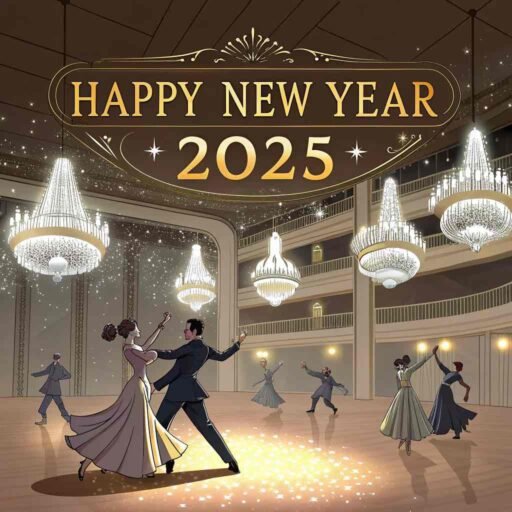 A classy "happy new years eve 2025 image" featuring a ballroom gala with bold "HAPPY NEW YEAR 2025" text adding to the elegance.