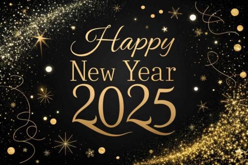 A "happy new year 2025 pic" with a sleek black and gold design and bold text.