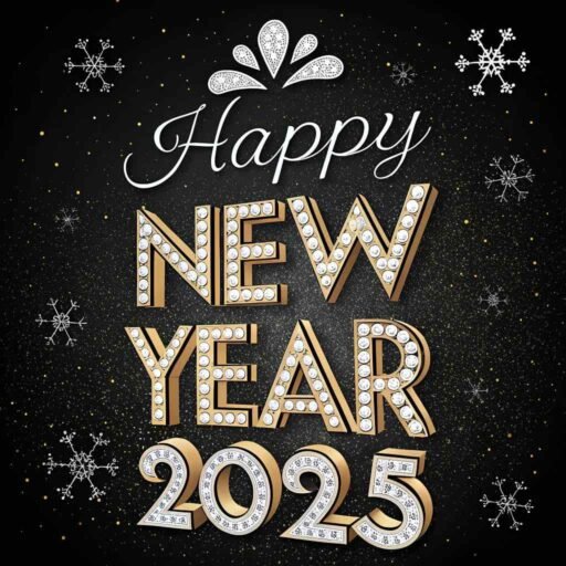 A "happy new year 2025 pic" with dazzling diamond text against an elegant backdrop.