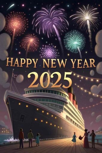 A grand "happy new years eve 2025 image" featuring a glowing cruise ship and bold "HAPPY NEW YEAR 2025" text.
