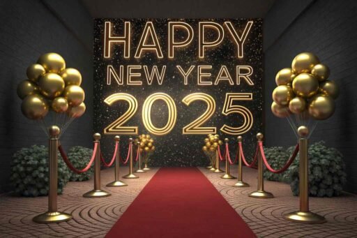 Picture of happy new year 2025 with a grand entrance and bold glowing text.