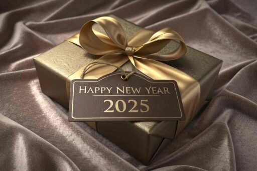 A "happy new year 2025 pic" with a festive gift wrap and bold gold text.