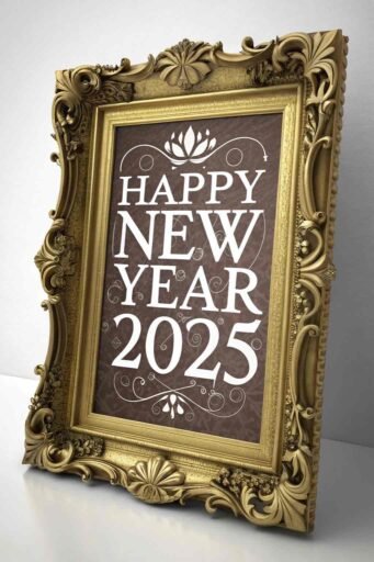 A gold frame-themed happy new year 2025 free image with elegant bold text.